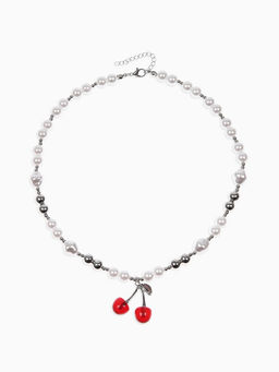 Кулон на жемчужных бусах "Вишня", цвет белый в серебре