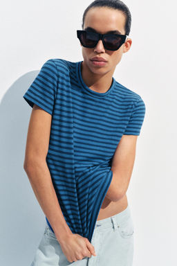 CAMISETA RAYAS ALGOD?N Y LINO / Azul / ?ndigo