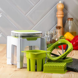 Овощерезка универсальная с контейнером Доляна Fresh Cook, 3 сменные насадки и пушер, 14.5×14.5×21 см, бело-зелёная