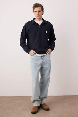 Lacivert Yeni Oversize/Genis Kesim Penguen Nak?sl? Dokulu Dik Yaka Sweatshirt TMNAW26SW00014 - Trendyolmilla фото 13