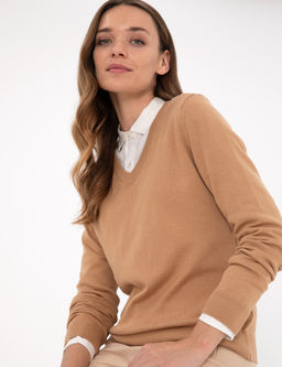 Camel Slim Fit V Yaka Basic Kazak