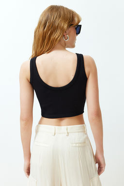 Siyah Fitilli V Yaka Super Crop Esnek Orme Atlet TWOSS24AL00029