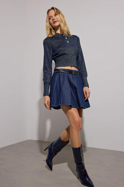 Limited Edition Koyu Mavi Pileli Kemer Detayl? Denim Etek TWOAW26ET00064