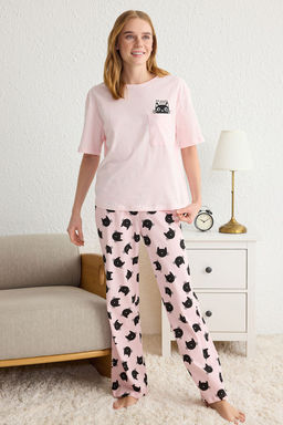 Trendyolmilla Pembe %100 Pamuklu Kedi Desenli Orme Pijama Tak?m? THMSS25PT00161  фото 2
