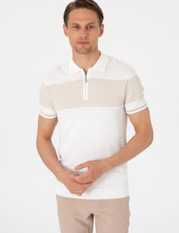 Ekru Slim Fit Fermuarl_ Polo Yaka Triko Ti__rt