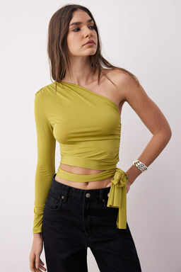 Yag Yesili Leopar Bask?l? Slim Baglama Detayl? Tek Kol Crop Esnek Orme Bluz TWOAW23BZ00094