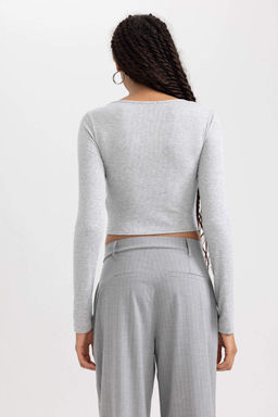 Приталенная футболка с длинными рукавами и круглым вырезом в рубчик - Defacto фото 9