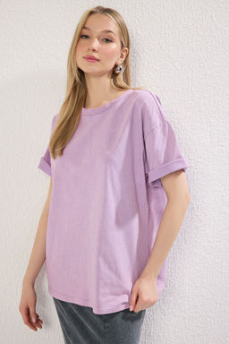 TRENDYOLMILLA Antrasit %100 Pamuk Soluk Efektli S?rt Bask?l? Boyfriend Bisiklet Yaka Orme T-Shirt TWOSS23TS00109  фото 3