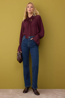 Koyu Mavi Yuksek Bel Comfort/Esnek/Rahat Straight Duz Kesim Boru Paca Jeans TWOAW26JE00062