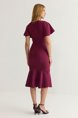 Mor Fitted/Vucuda Oturan Volanl? Astarl? Midi Dokuma Elbise TWOSS20EL1342