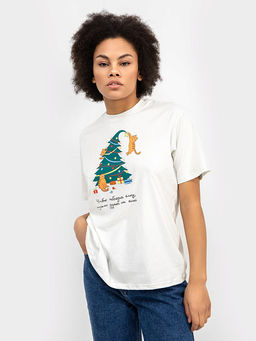 Хлопковая белая футболка с новогодним принтом