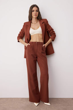 Koyu Kahverengi Yuksek Bel Wide Leg/Genis Paca Pilili Dokuma Kumas Pantolon TWOAW21PL0076