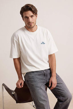 Ekru Oversize/Geni_ Kesim Slogan Nak__l_ %100 Pamuk T-Shirt TMNSS26TS00055