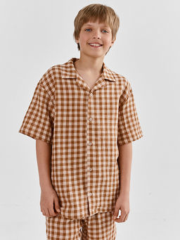 Рубашка для мальчиков коричневая в клетку прямого кроя