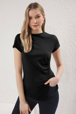 Trendyolmilla Siyah Buzgu/Drape Detayl? Y?rtmacl? Asimetrik Fitted/Vucuda Oturan Orme Bluz TWOSS25BZ00380  фото 7