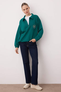 Zumrut Yesili Yar?m Pat Fermuarl? Nak?sl? Oversize/Genis Kal?p Orme Sweatshirt TWOAW26SW00191 - Trendyolmilla фото 2