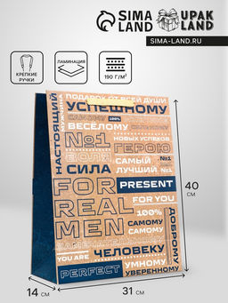 Пакет подарочный вертикальный Настоящий мужчина, 31?40?14 см