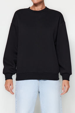 Siyah Kal?n Ici Polarl? Regular/Normal Kal?p Bisiklet Yaka Basic Orme Sweatshirt TWOAW24SW00101