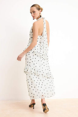 Ekru Puantiyeli F?rf?rl? Midi Astarl? Dokuma Elbise TWOSS26EL00071