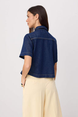 Lacivert Tencel Kar___ml_ K_sa Kol D__me Detayl_ Denim G_mlek TWOSS26GO00193 - Trendyolmilla фото 4