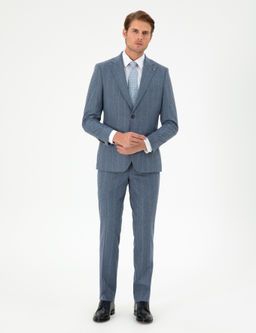 Koyu Mavi Slim Fit _izgili Y_n Ka_mir Kar___ml_ Tak_m Elbise