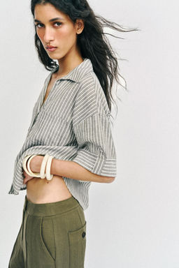 CAMISA RAYAS CON LINO / Khaki - Zara фото 7