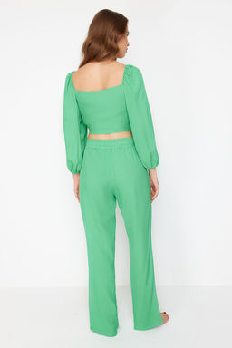 Yesil Dokuma Baglamal? Bluz Pantolon Plaj Tak?m TBESS23AU00072