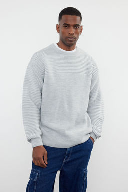 Gri Unisex Oversize Bisiklet Yaka Duz Triko Kazak TMNAW25KZ00004