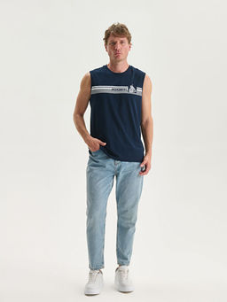 Bisiklet Yaka Bask?l? Erkek Kolsuz Ti??rt