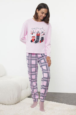 Trendyolmilla Beyaz-Cok Renkli %100 Pamuklu K?s Temal? Ekoseli Orme Pijama Tak?m? THMAW25PT00121