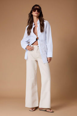 Ekru DOKUMLU Kemer Detayl? %100 Pamuk Yuksek Bel K?sa Wide Leg Jeans TWOSS26JE00208