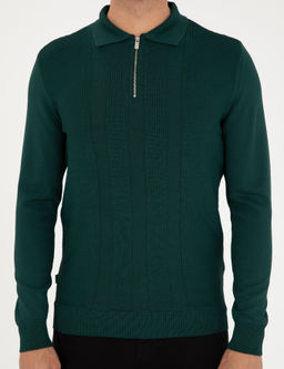 Ye_il Regular Fit Fermuarl_ Polo Yaka Triko Kazak