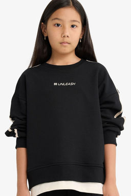 Oversize Geni_ Kal_p Bisiklet Yaka Bask_l_ Sweatshirt K_z _ocuk - Defacto фото 4