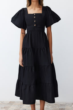 Siyah Belden Ac?lan Gipe ve S?rt Detayl? Kare Yaka Maxi Dokuma Elbise TWOSS24EL00431 - Trendyolmilla фото 5