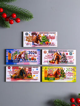 Набор магнитов на холодильник Новогодние банкноты с лошадями 2026, 5 шт.