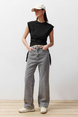 TRENDYOLMILLA Antrasit %100 Pamuk Buzgu Detayl? Crop Yarasa Kol Orme T-Shirt TWOSS24TS00026 фото 3