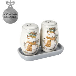 Набор для специй Доляна Рождественский снеговик, 3 предмета: солонка 130 мл, перечница 130 мл, подставка