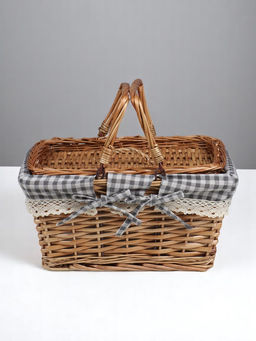 Плетёная корзина-лукошко, ткань, 2 ручки складные (внутри металл) с крышкой. 35×26 см, Н 18 см, Н с ручкам