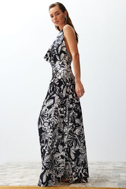 Cok Renkli Cicek Desenli Degaje Yaka Dokuma Saten Uzun Gece Abiye Elbise TPRSS24AE00002 - Trendyolmilla фото 2