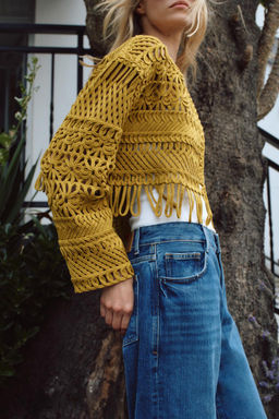 SHORT MACRAME CARDIGAN WITH FRINGING - Zara фото 3