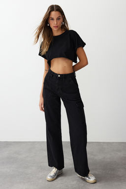 Siyah Kargo Cepli Yuksek Bel Wide Leg Jeans TWOAW22JE0393 - Trendyolmilla фото 3