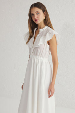 Beyaz Etegi Belden Ac?lan Nak?s Yaka Detayl? Astarl? Maxi Dokuma Elbise TWOSS25EL00180 - Trendyolmilla фото 2