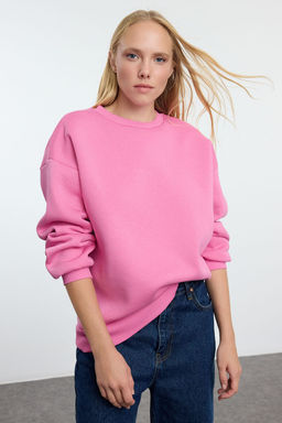 Pembe Oversize/Rahat Kesim Basic Bisiklet Yaka Kal?n/Ici polarl? Orme Sweatshirt TWOAW24SW00102