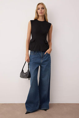 Siyah Pamuklu Gabardin Peplum Cep Detayl? Dokuma Bluz TWOSS25BZ00538
