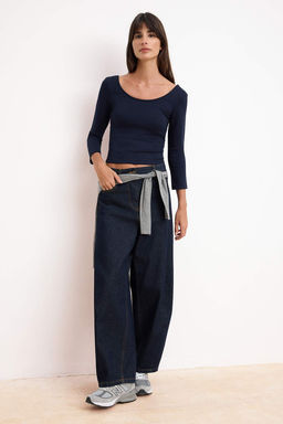 Lacivert Fitted/Vucuda Oturan Havuz Yaka Ay Kol Truvakar Interlok Orme Bluz TWOSS26BZ00639 - Trendyolmilla фото 2