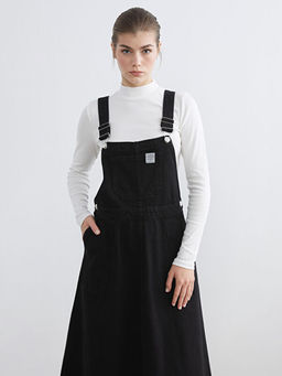 Kare Yaka D?z Ask?l? Kad?n Jean Salopet Elbise