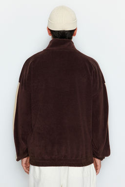 Kahverengi Unisex Oversize/Genis Kesim Dik Yaka Fermuar Anti-pilling Polar Sweatshirt TMNAW24SW00034