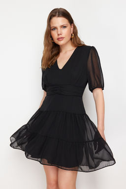 Siyah Belden Ac?lan Volanl? Sifon Astarl? Mini Dokuma Elbise TWOSS24EL00634