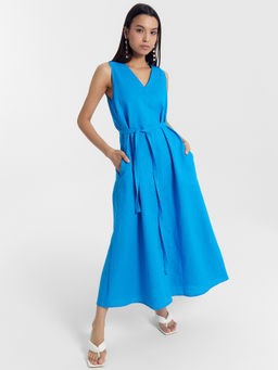 Сарафан женский лазурно-голубой изо льна и хлопка