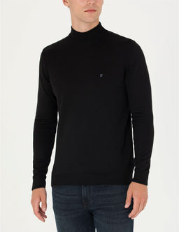 Siyah Slim Fit Yar_m Bal_k__ Yaka Basic Triko Kazak